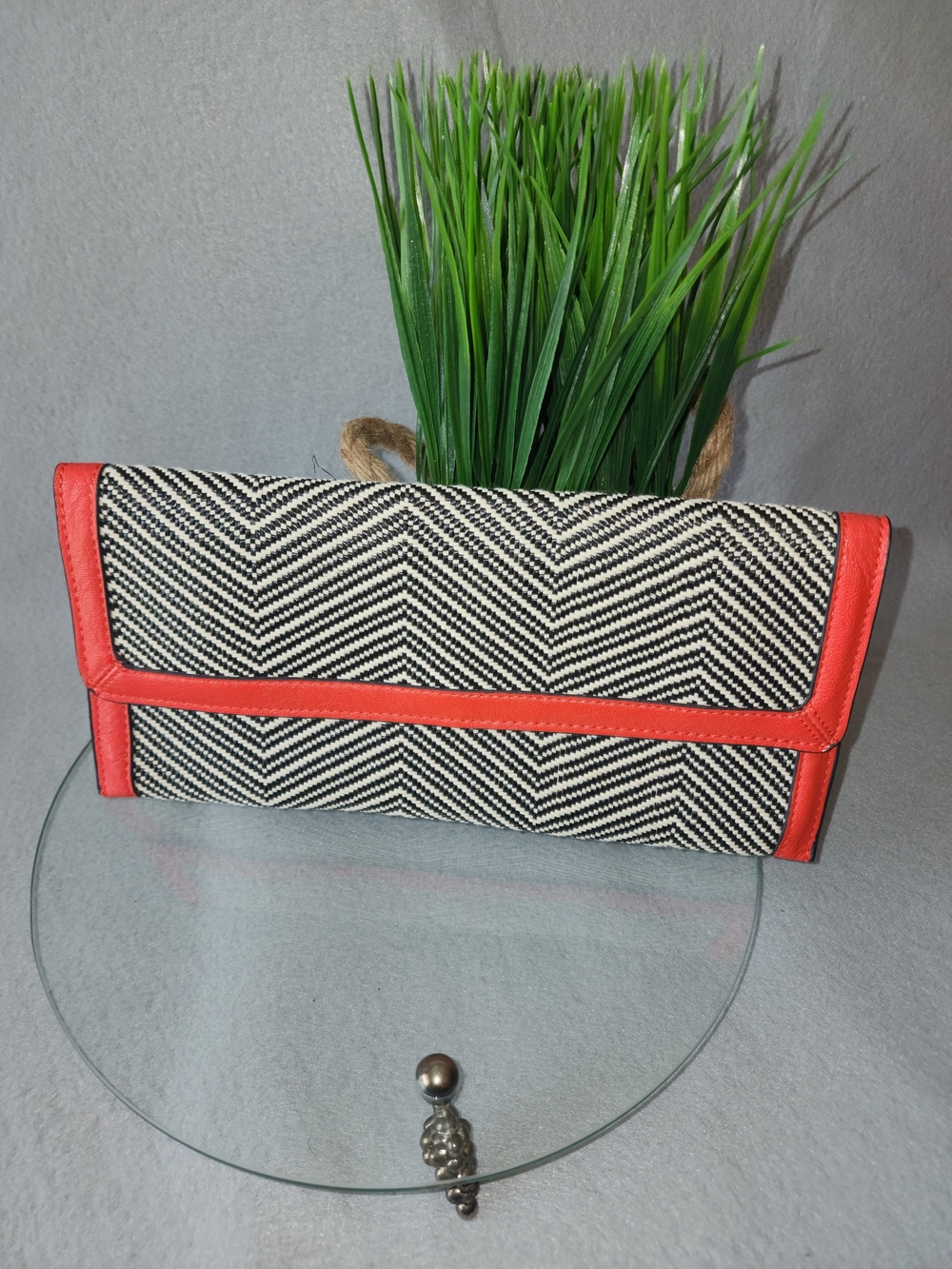 The Limited Black & White Chevron Clutch with Coral Trim